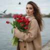 Промпт для фото в стиле 📸 Романтичный портрет с тюльпанами у воды