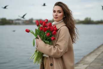 Промпт для фото в стиле 📸 Романтичный портрет с тюльпанами у воды