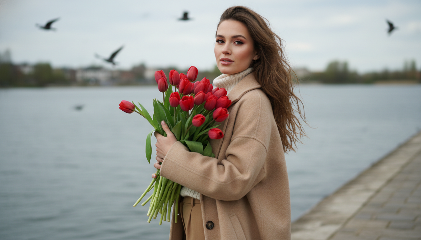 Промпт для фото в стиле 📸 Романтичный портрет с тюльпанами у воды