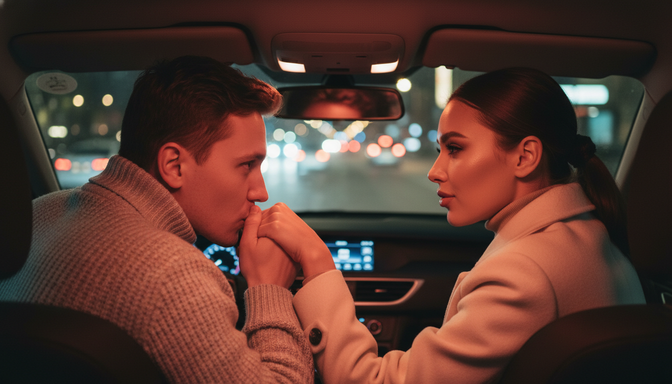 Промпт для фото в стиле 🌃 Романтика зимнего города в салоне авто