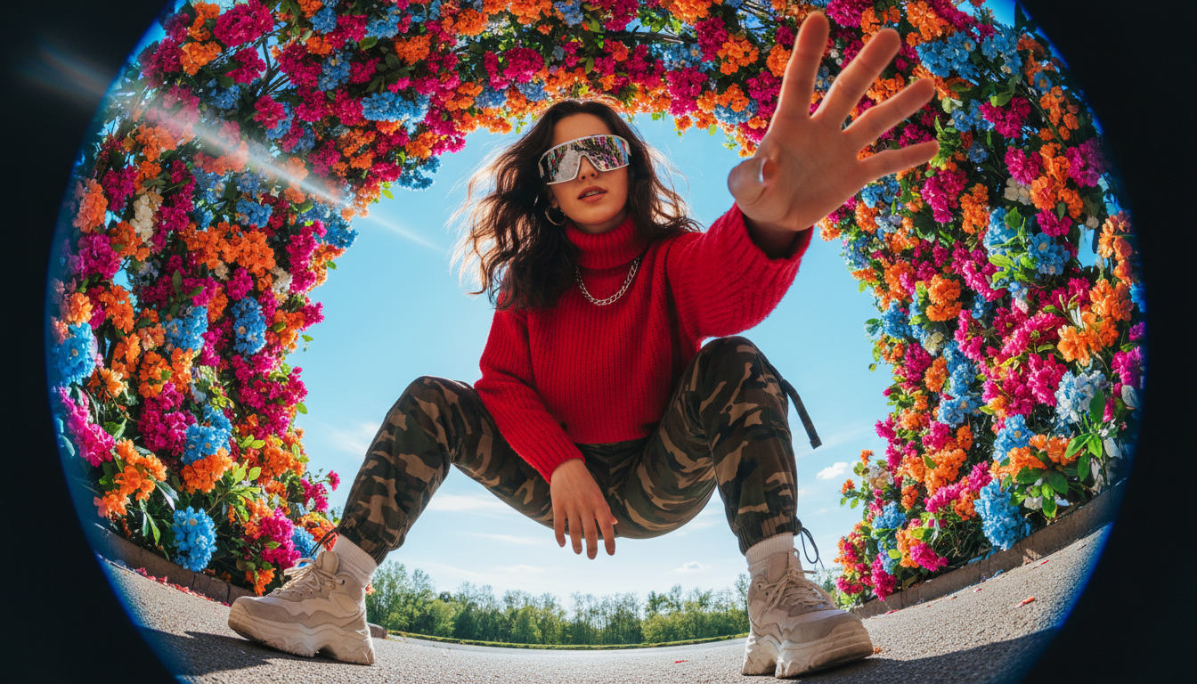 Промпт для фото в стиле 📸 Селфи в цветущей арке: стиль, драйв и весна