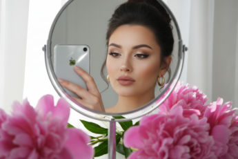 Промпт для фото в стиле 📸 Селфи в зеркале с пионами: идеальный кадр