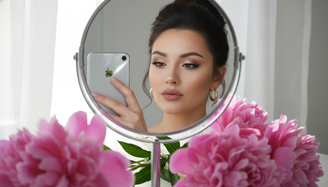 Промпт для фото в стиле 📸 Селфи в зеркале с пионами: идеальный кадр