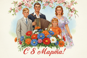Промпт для фото в стиле 🌸 Советская открытка: семья встречает весну музыкой и цветами