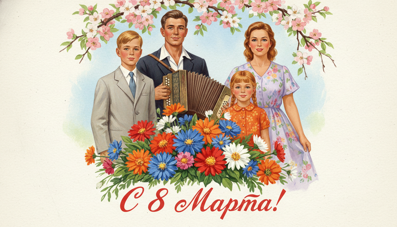 Промпт для фото в стиле 🌸 Советская открытка: семья встречает весну музыкой и цветами