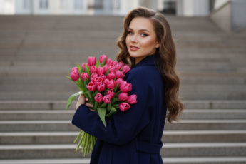 Промпт для фото в стиле 📸 Весенний портрет с тюльпанами на городской лестнице