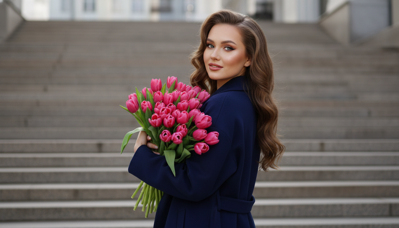 Промпт для фото в стиле 📸 Весенний портрет с тюльпанами на городской лестнице