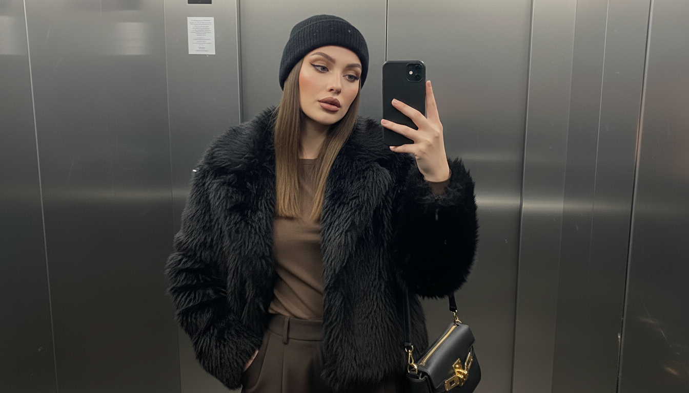 Промпт для фото в стиле 📱 Стильный селфи-момент в зеркальном лифте