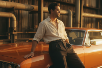 Промпт для фото в стиле 🎬 Стильный портрет у винтажного купе на закате