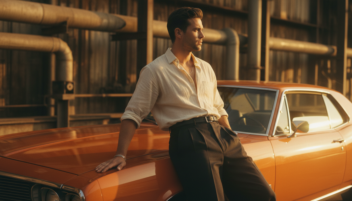 Промпт для фото в стиле 🎬 Стильный портрет у винтажного купе на закате