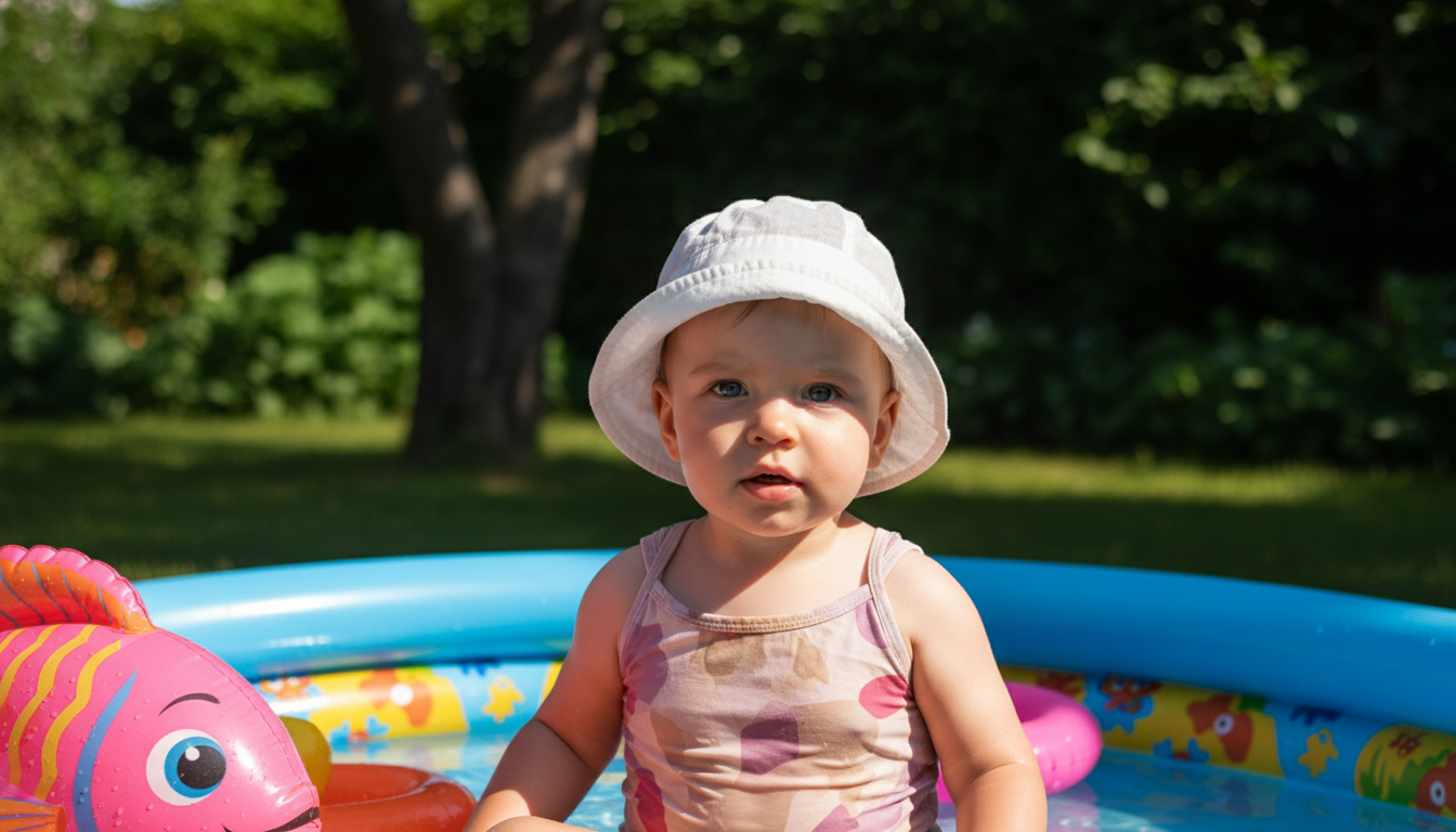 Промпт для фото в стиле 🌞 Летние радости: малыш в бассейне с игрушками