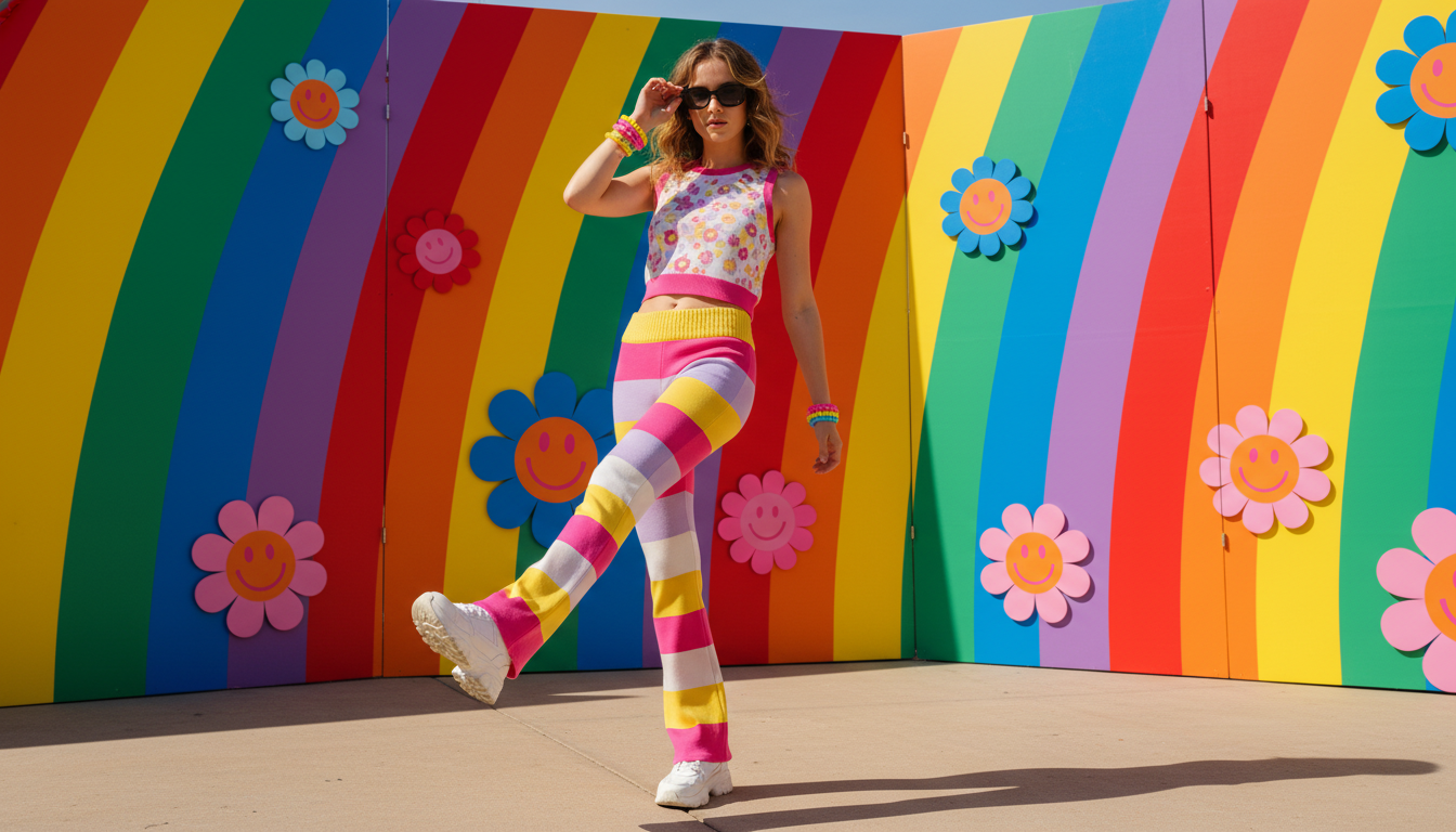 Промпт для фото в стиле 🌈 Летний поп-арт: девушка в радужном раю