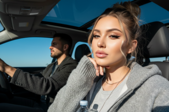 Промпт для фото в стиле 🚗 Залитая солнцем поездка с любимым