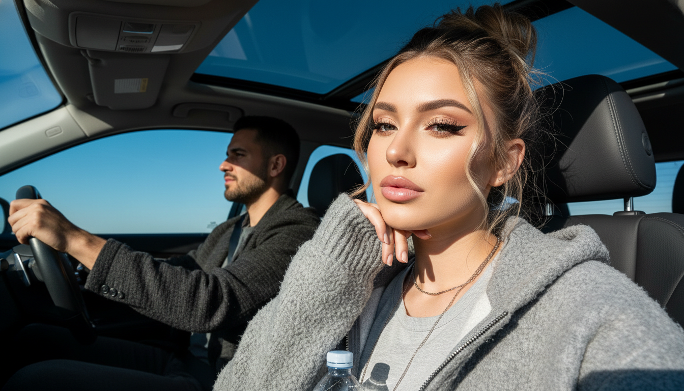 Промпт для фото в стиле 🚗 Залитая солнцем поездка с любимым