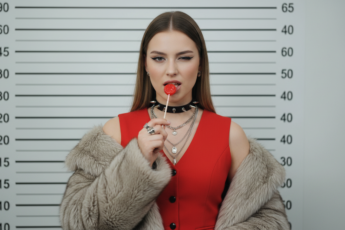 Промпт для фото в стиле 🔥 Сладкая бунтарка: модный мугшот с леденцом