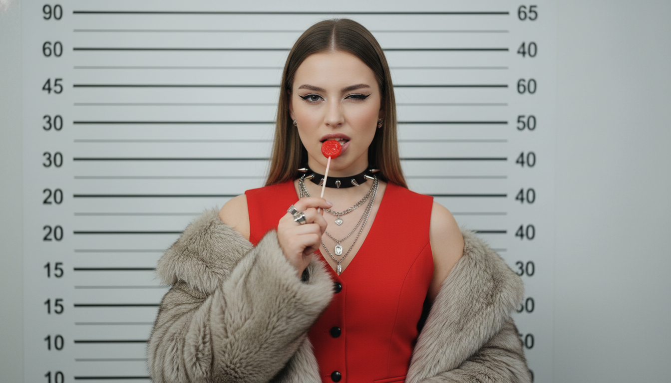 Промпт для фото в стиле 🔥 Сладкая бунтарка: модный мугшот с леденцом