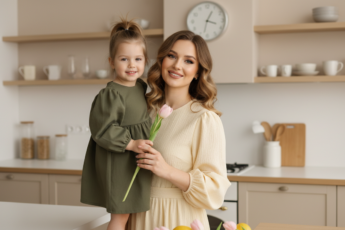 Промпт для фото в стиле 👨‍👩‍👧 Нежные моменты: мама с дочкой на светлой кухне