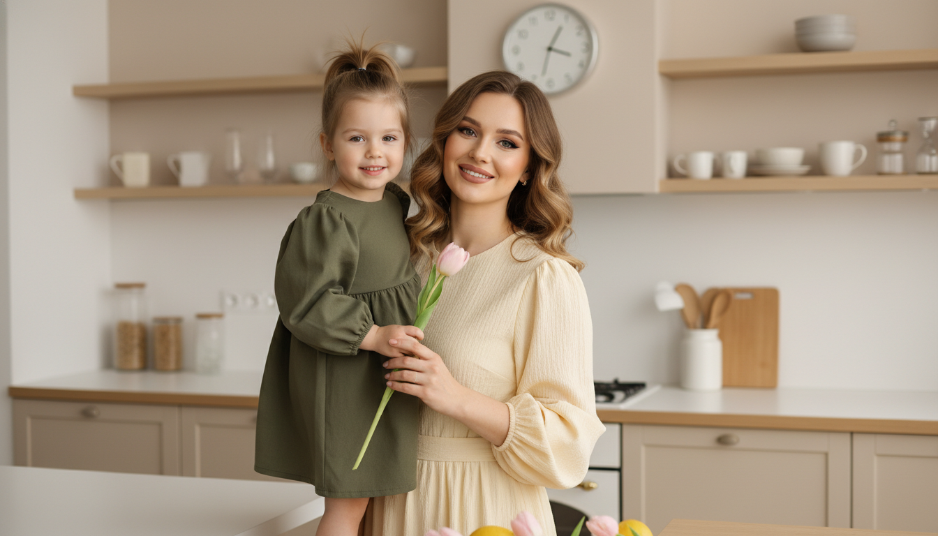 Промпт для фото в стиле 👨‍👩‍👧 Нежные моменты: мама с дочкой на светлой кухне