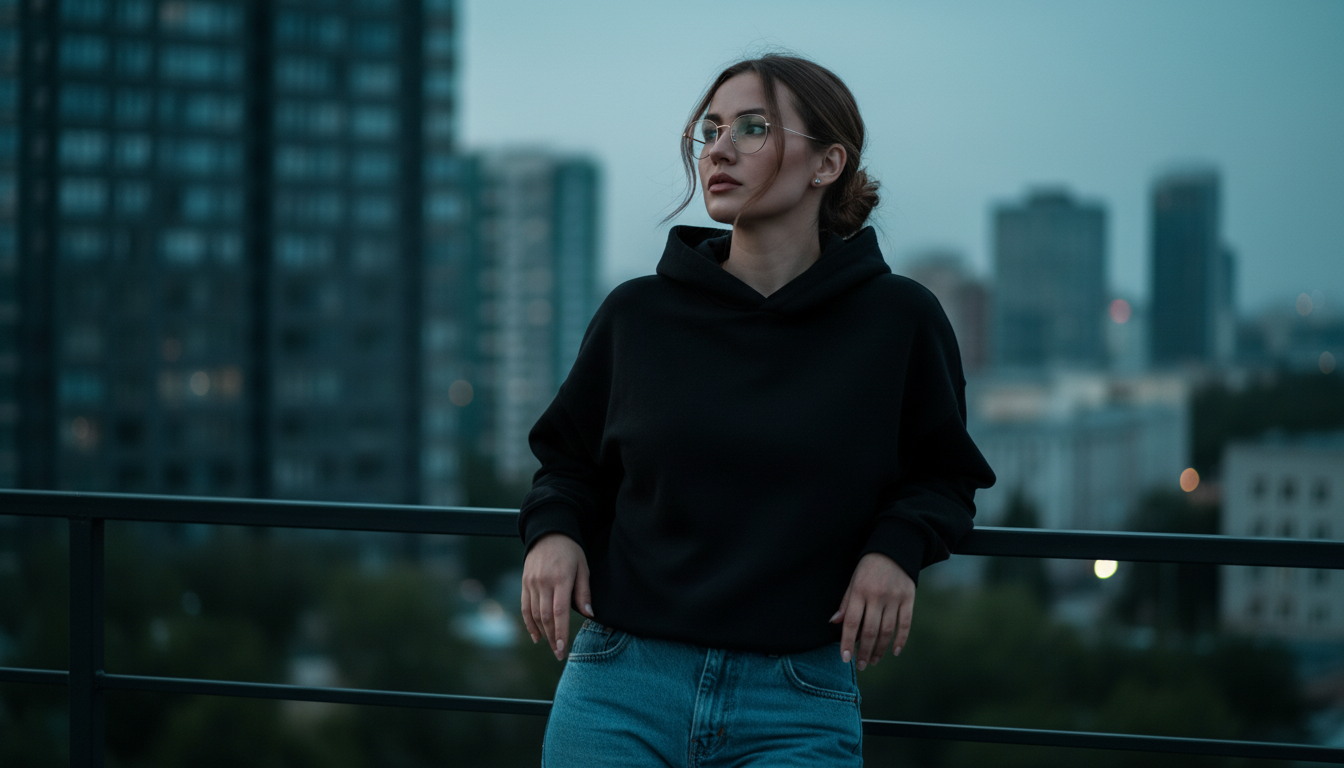 Промпт для фото в стиле 🌆 Городские сумерки и мечты на крыше