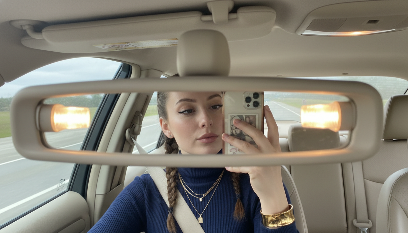 Промпт для фото в стиле 📱 Теплое селфи в уютном салоне авто