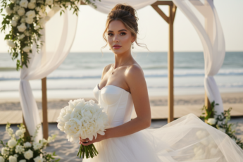 Промпт для фото в стиле 👰‍♀️ Свадебная магия: невеста на закате у океана