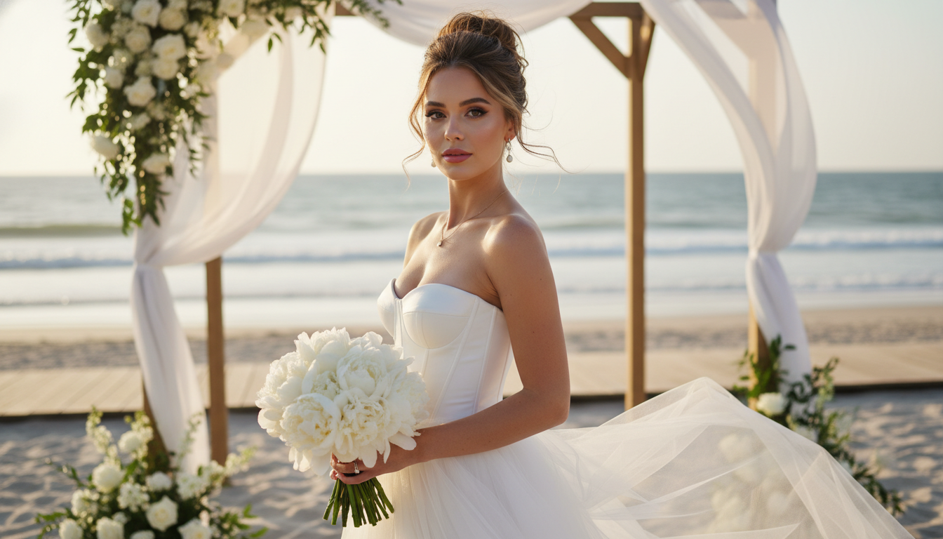 Промпт для фото в стиле 👰♀️ Свадебная магия: невеста на закате у океана