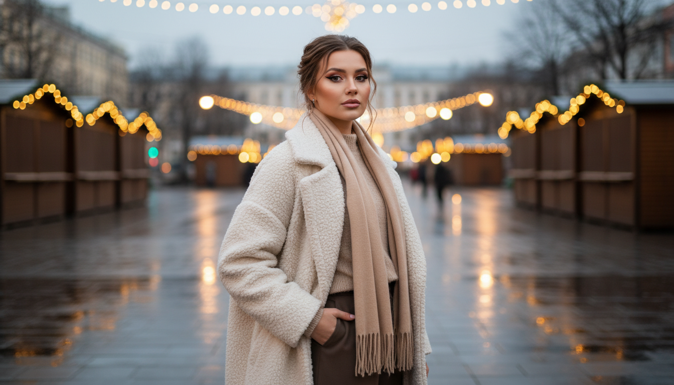 Промпт для фото в стиле ✨ Зимний портрет в огнях праздничной площади