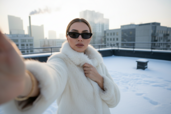 Промпт для фото в стиле ❄️ Зимний селфи-портрет на крыше небоскреба