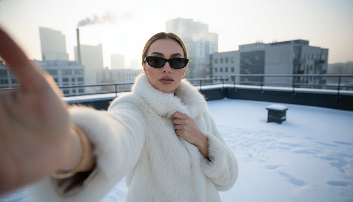 Промпт для фото в стиле ❄️ Зимний селфи-портрет на крыше небоскреба