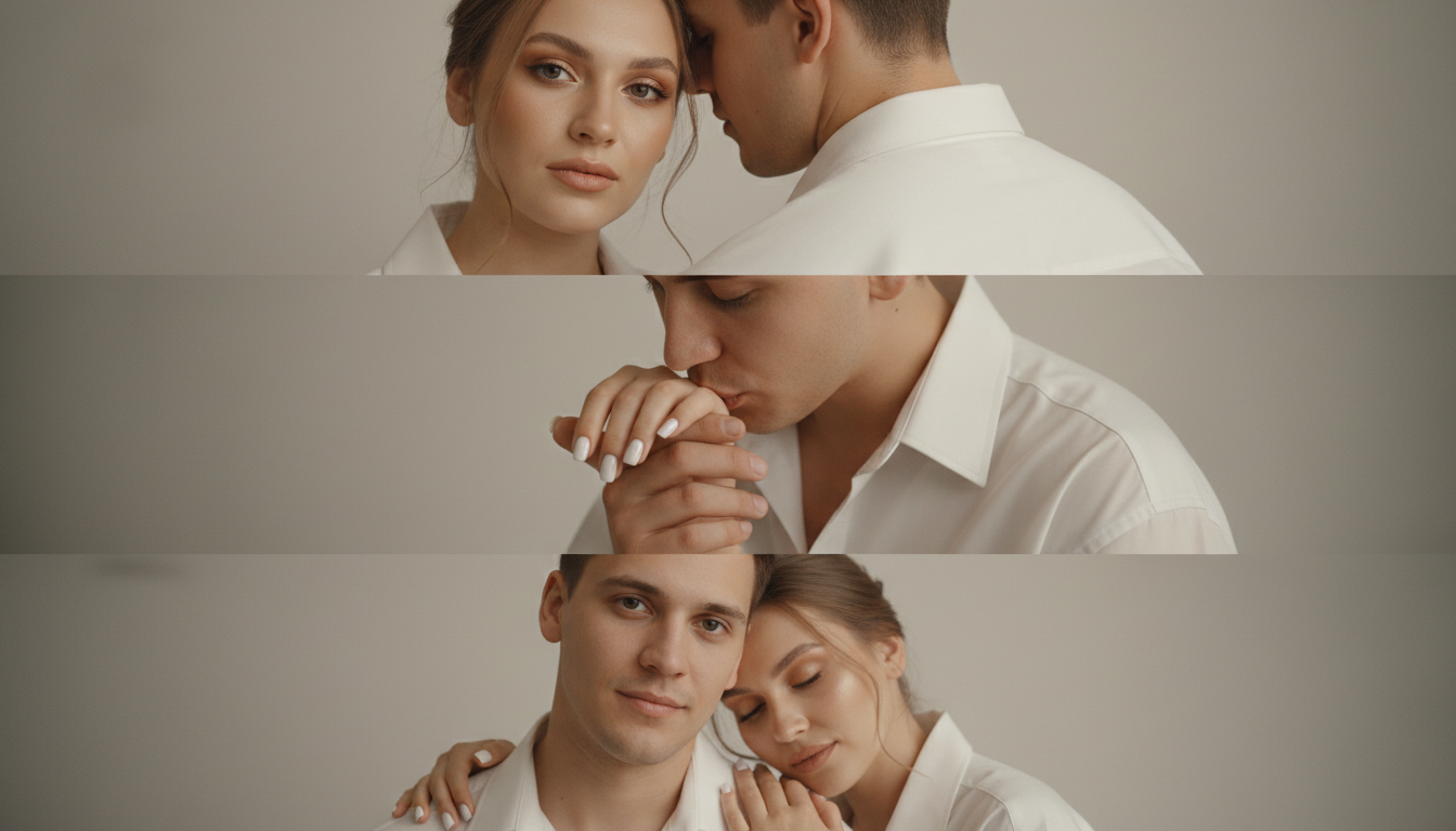 Промпт для фото в стиле 📸 Тишина касаний: кинематографичный AI-триптих