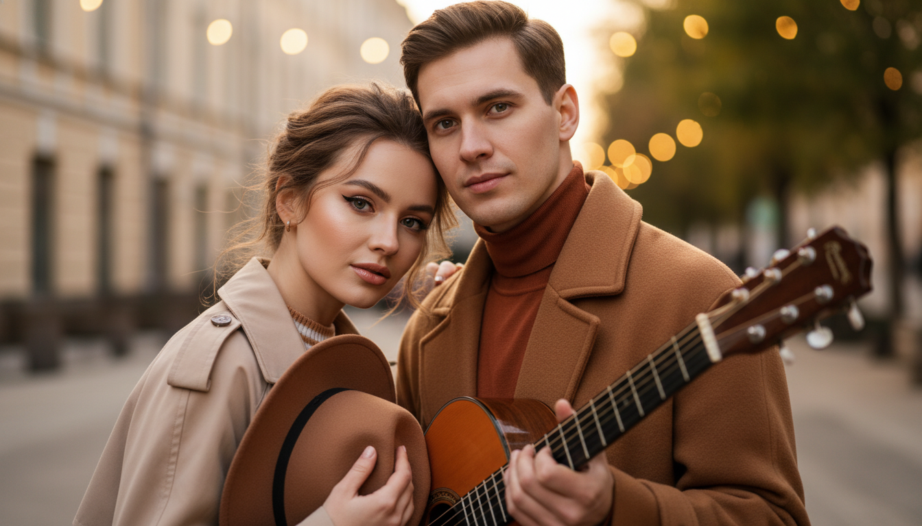 Промпт для фото в стиле 🎞️ Кинематографичный дуэт в свете золотого часа