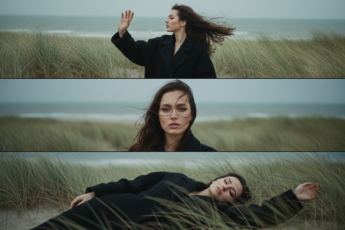 Промпт для фото в стиле 🌬️ Кинематографичный триптих: диалог ветра и тишины