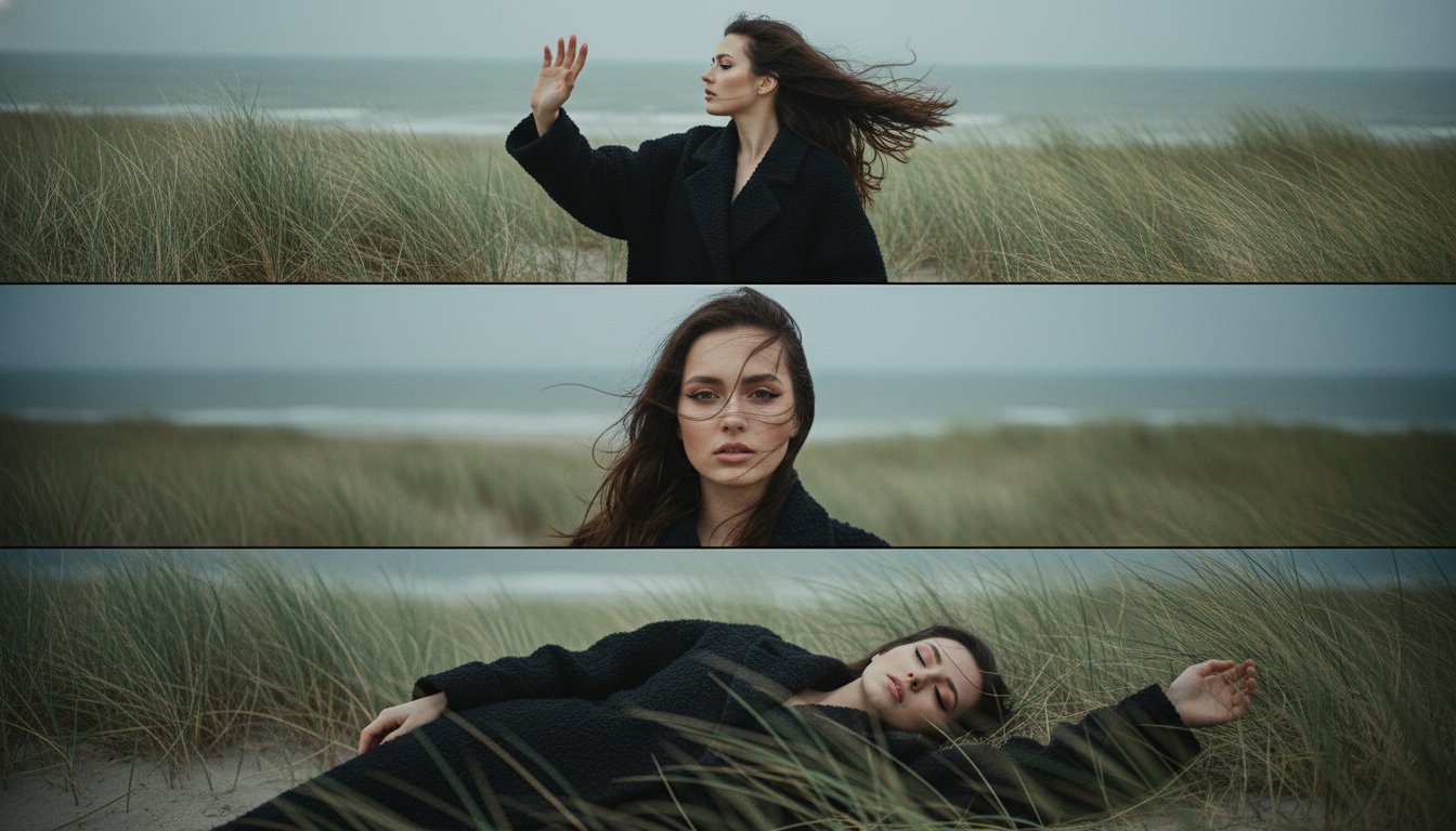 Промпт для фото в стиле 🌬️ Кинематографичный триптих: диалог ветра и тишины