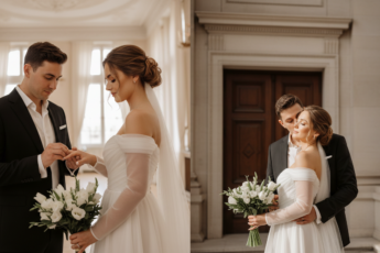 Промпт для фото в стиле 💍 Кинематографичный свадебный диптих: тепло и нежность