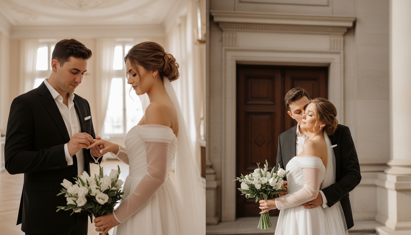 Промпт для фото в стиле 💍 Кинематографичный свадебный диптих: тепло и нежность