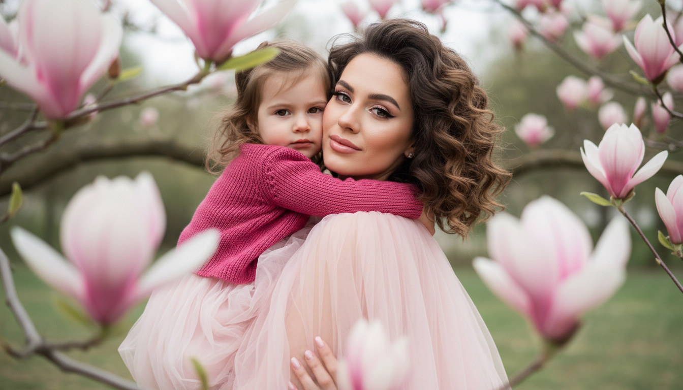 Промпт для фото в стиле 🌸 Нежность материнства: весенний портрет среди магнолий