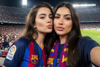 Промпт для фото в стиле 📸 Ночное селфи фанаток Барсы на стадионе