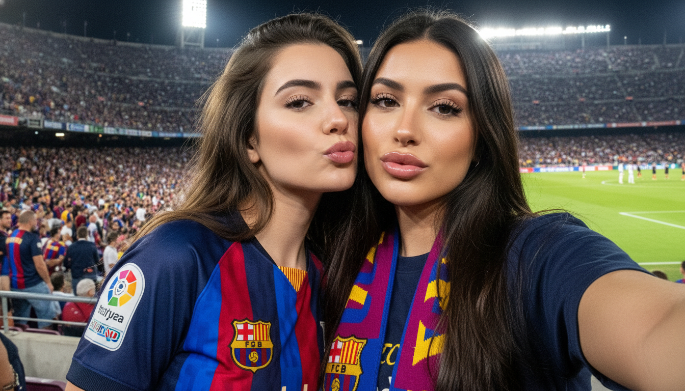 Промпт для фото в стиле 📸 Ночное селфи фанаток Барсы на стадионе