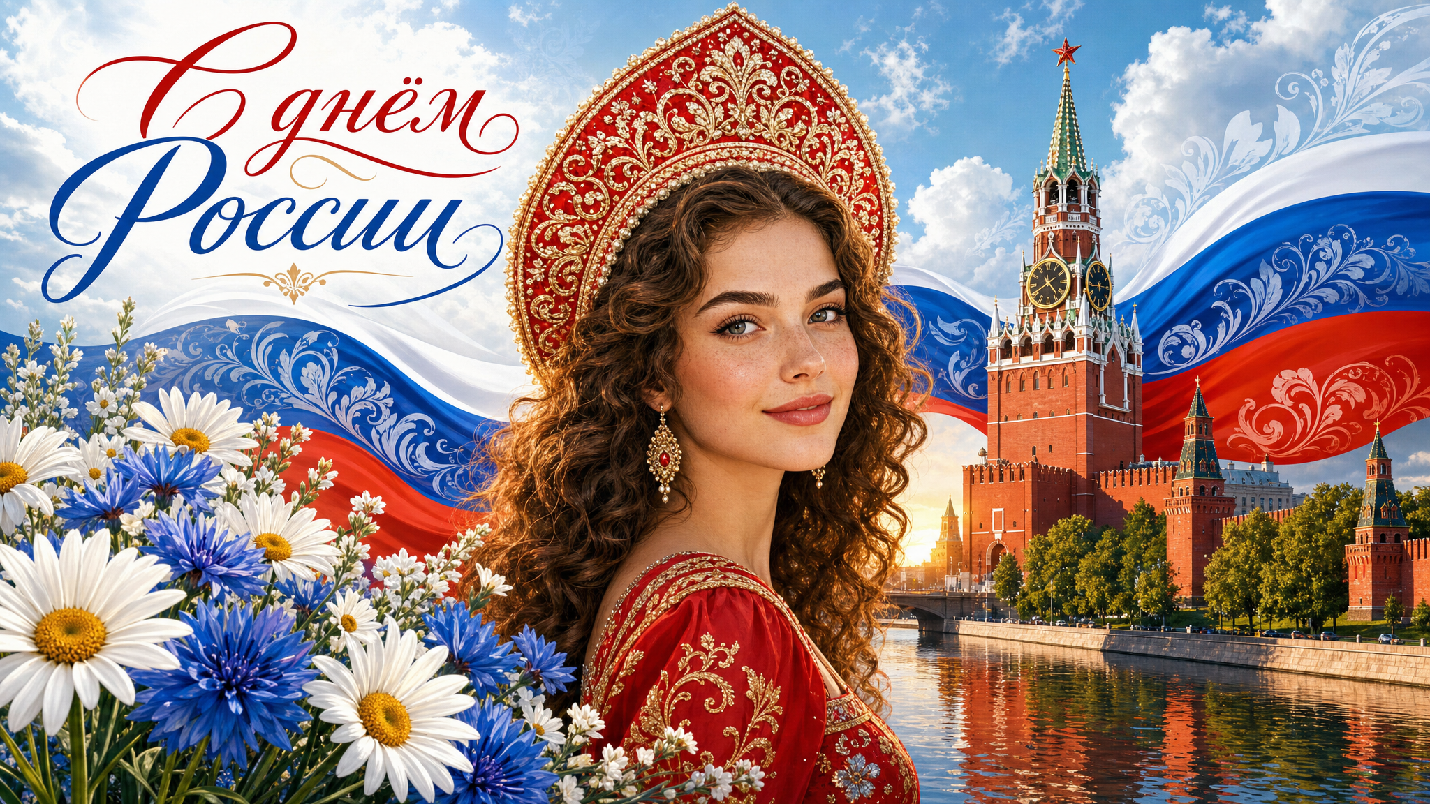 Поздравительная открытка ко Дню России, сделанная в нейросети