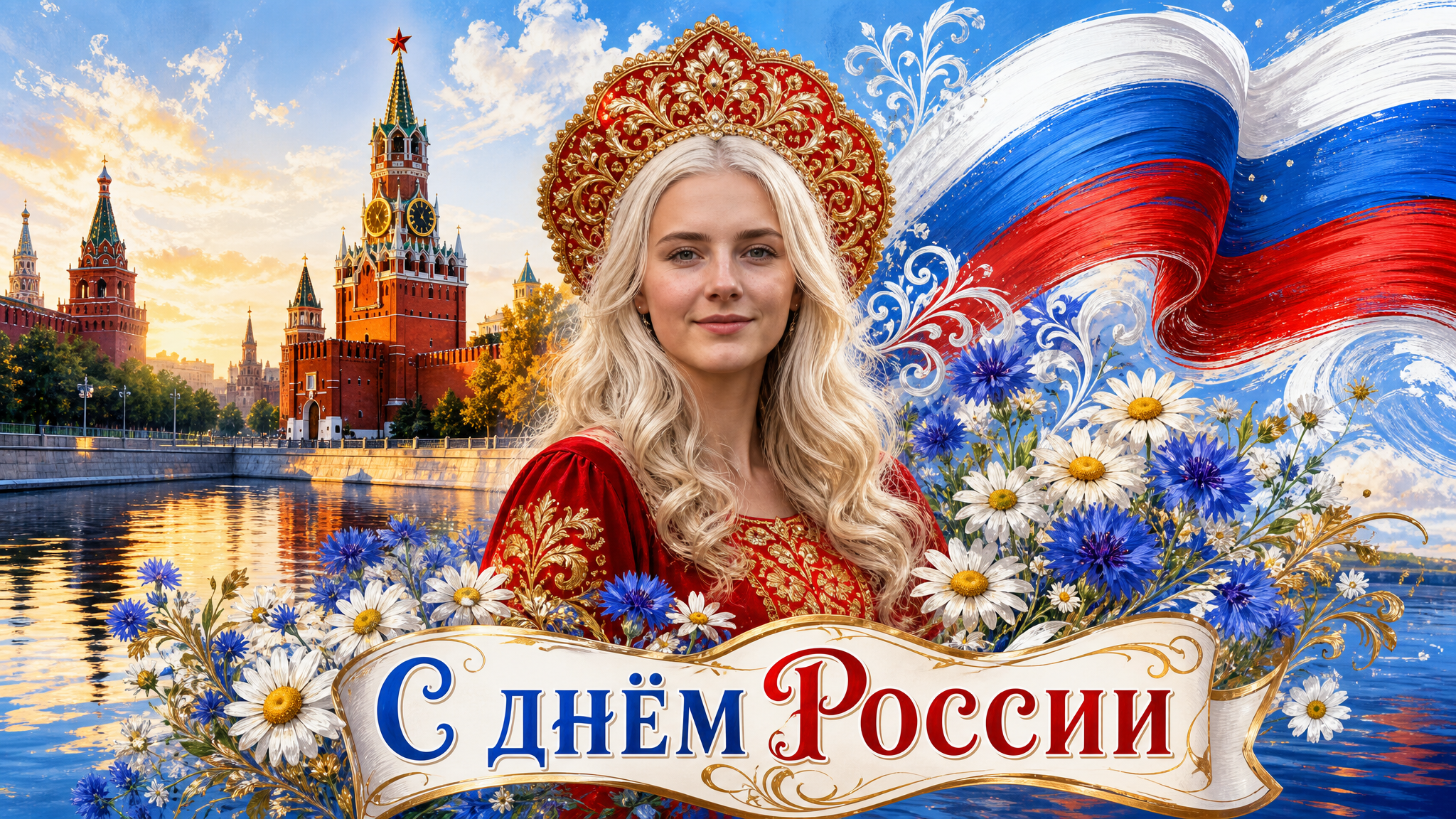 Открытка С Днём России в нейросети: девушка в кокошнике, Кремль, триколор, ромашки и васильки, надпись С днём России