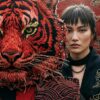 Вышитый fashion-портрет: красный тигр из объёмной вышивки и модель в чёрном кимоно на фоне красного шёлка