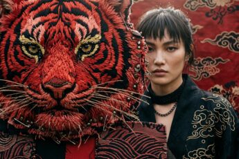 Вышитый fashion-портрет: красный тигр из объёмной вышивки и модель в чёрном кимоно на фоне красного шёлка