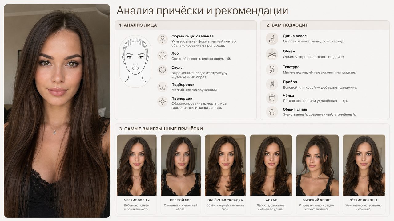 Подбор причёски по фото в нейросети: карточка анализа и варианты укладок