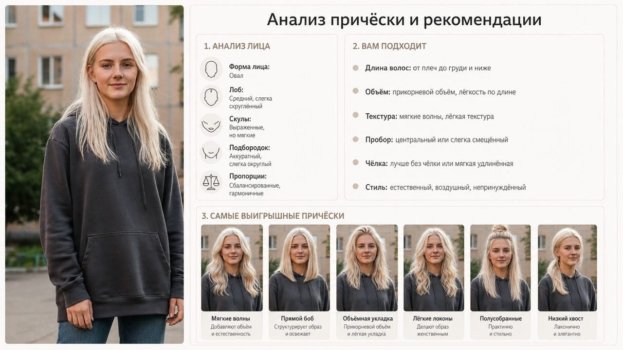 Готовая карточка подбора причёски по фото с анализом лица и вариантами укладок