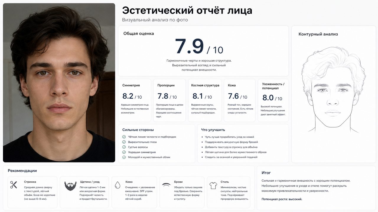 Оценка внешности по фото в нейросети: пример карточки эстетического анализа лица