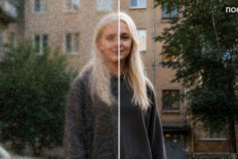 Обложка ДО и ПОСЛЕ: слева размытый шумный кадр, справа после улучшения качества в нейросети