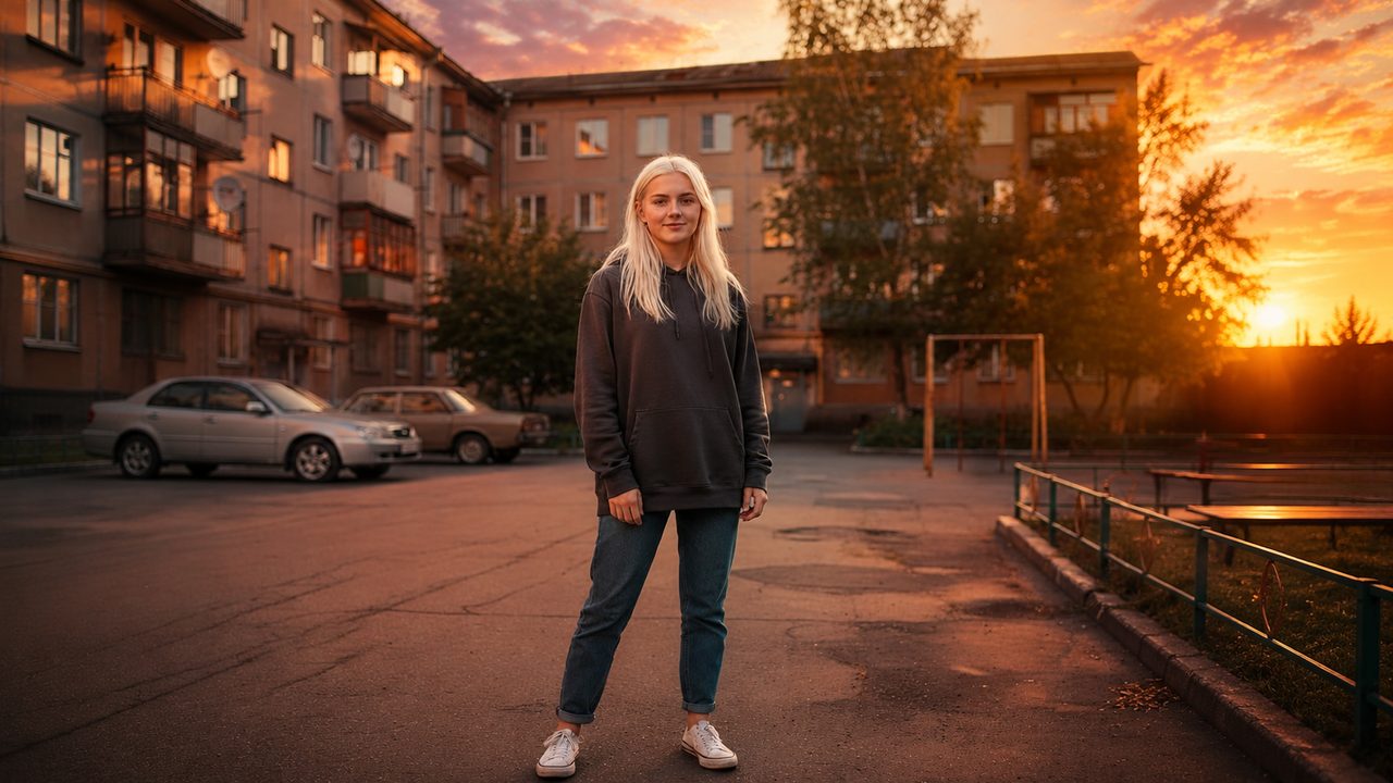 Фото после эффекта золотого часа в нейросети: тёплый закатный свет и золотистое небо, лицо и поза сохранены