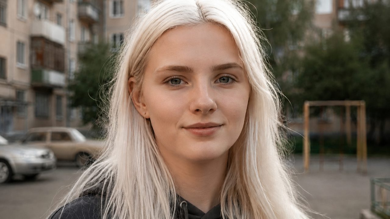 Тот же портрет после того, как нейросеть убрала прыщи на фото: кожа чистая и ровная, лицо прежнее