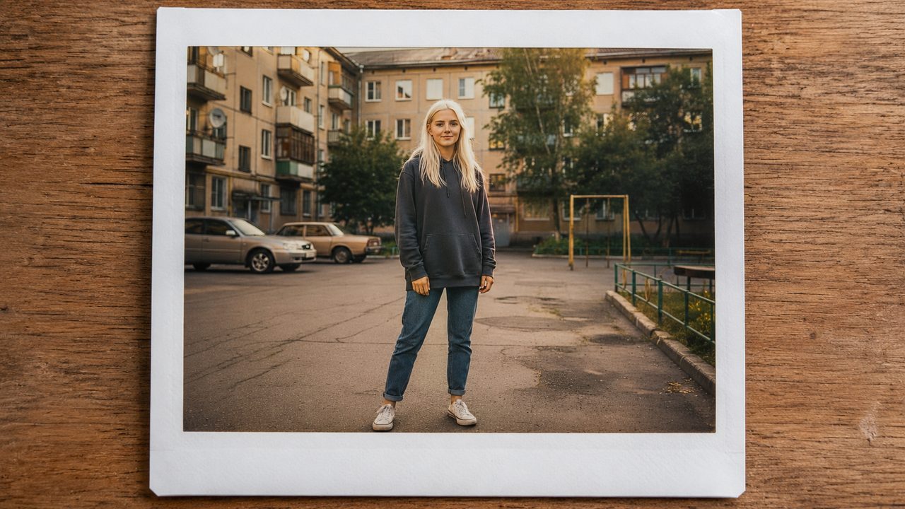 Фото в стиле полароид в нейросети: винтажная Polaroid-карточка с белой рамкой и сохранённым лицом
