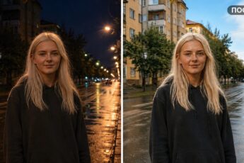 Изменить освещение на фото в нейросети: ночной кадр и дневной кадр рядом, ДО и ПОСЛЕ